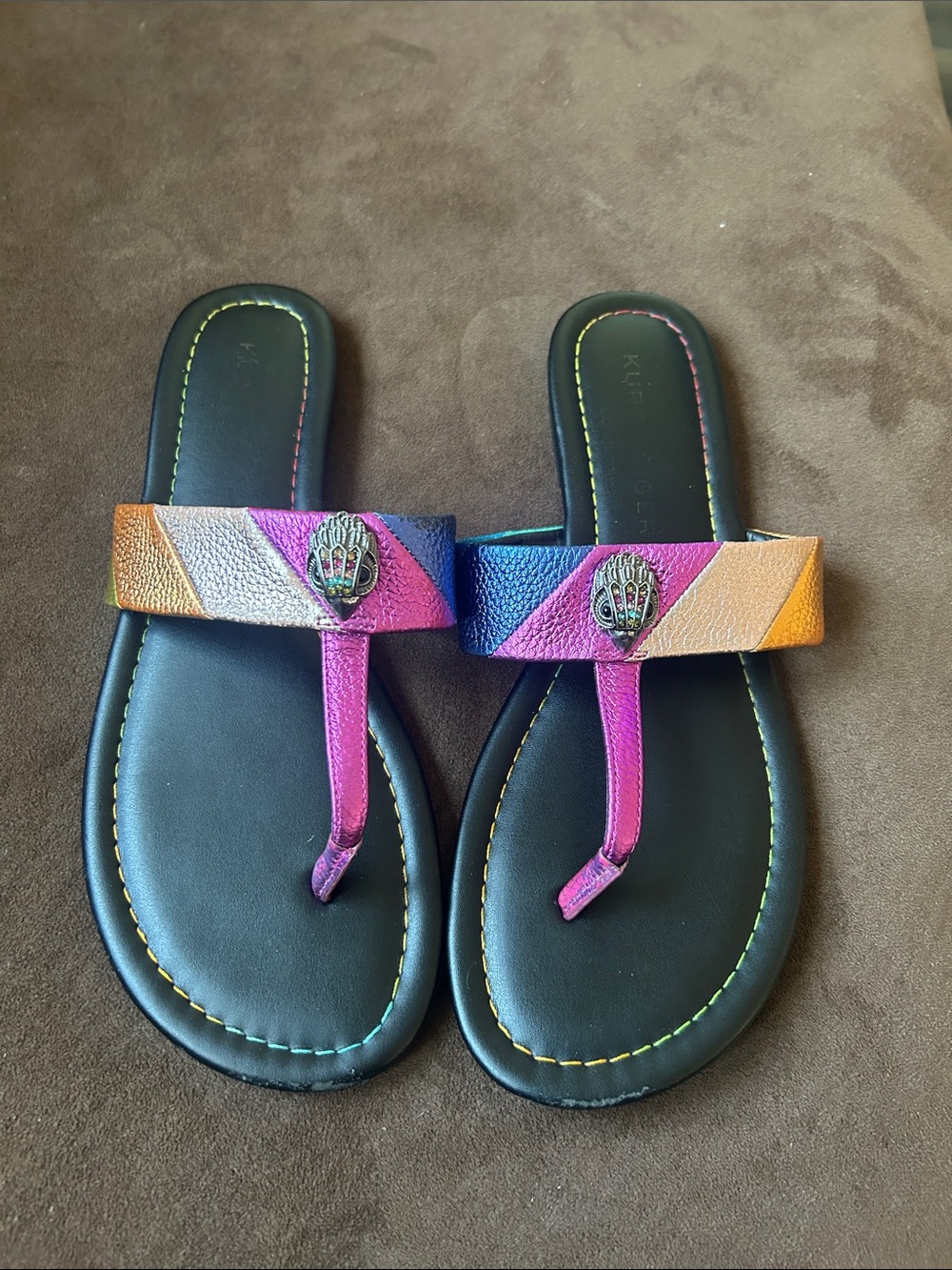 Kurt Geiger Multicolor Leather T-Strap Sandals with Metallic Emblem